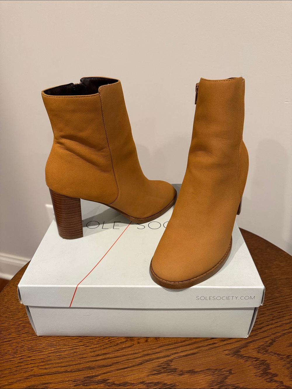 Sole Society Cognac Leather Block Heel Ankle Boots
